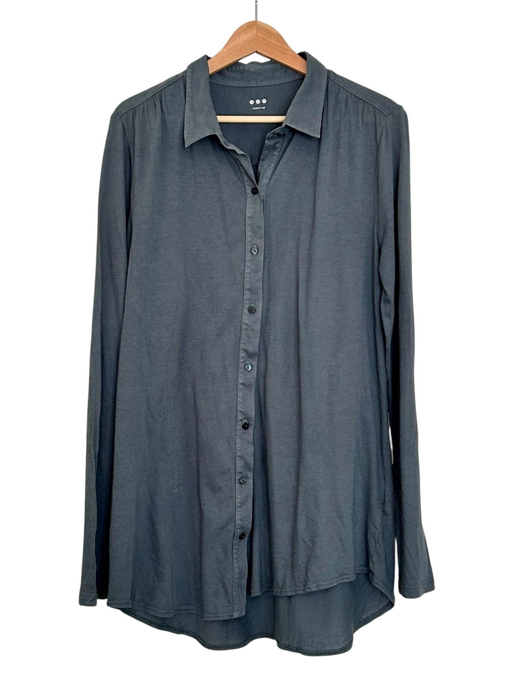 Three Dots Cotton Button Front Tunic Shirt Gray Teal Long Sleeve Top  Sz XL